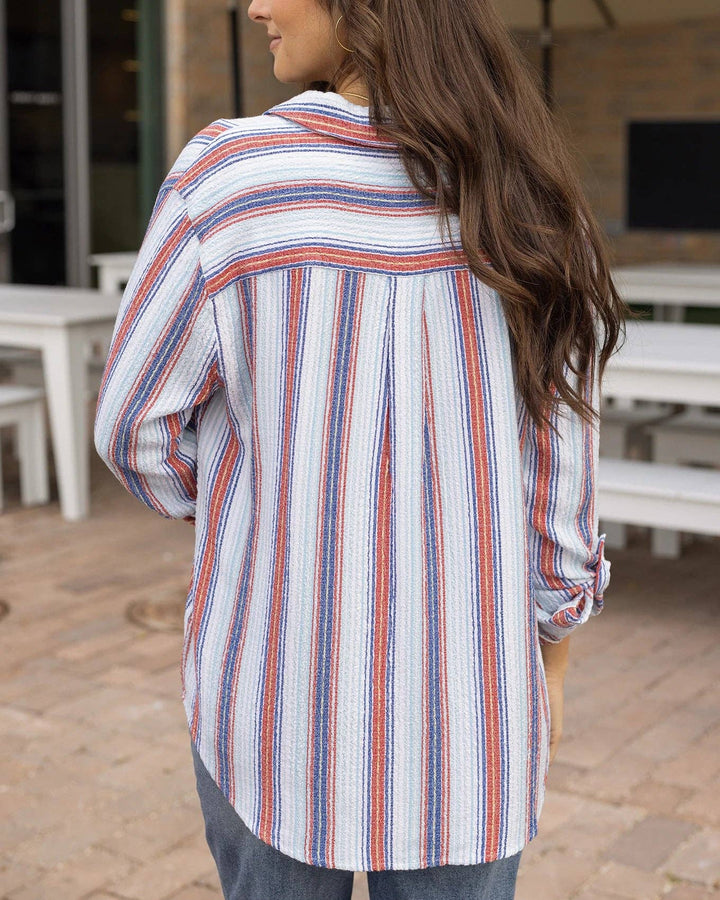 Grace and Lace Favorite Button Up Top in Red-Blue Striped