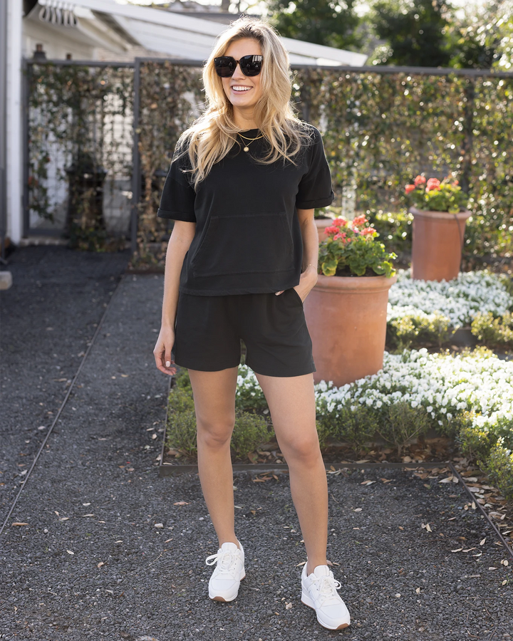 Grace and Lace Washed French Terry Sweat Shorts in Washed Black