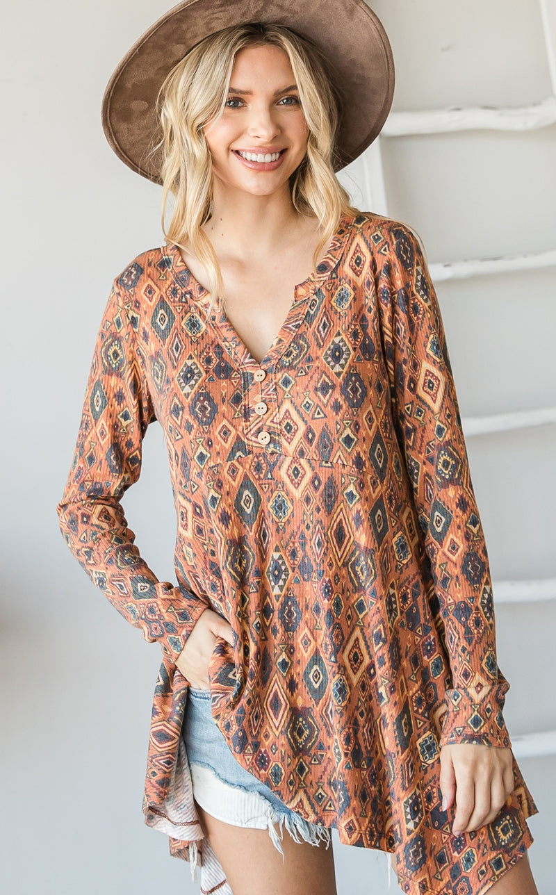 Aztec Long Sleeve Babydoll Asymmetrical Hem Top