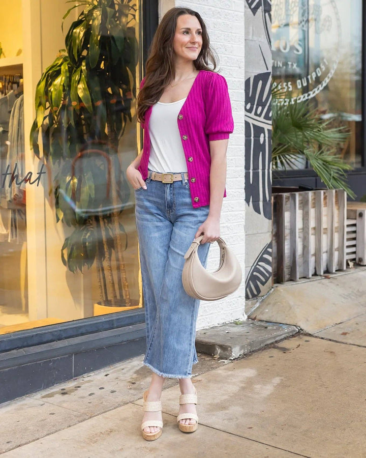 Grace and Lace Puff Sleeve Button Up Top in Wild Berry