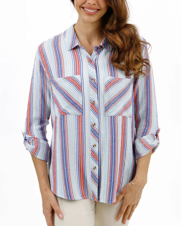 Grace and Lace Favorite Button Up Top in Red-Blue Striped