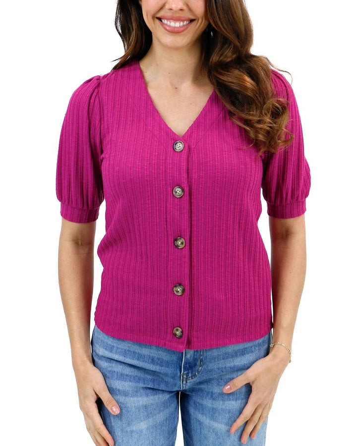 Grace and Lace Puff Sleeve Button Up Top in Wild Berry
