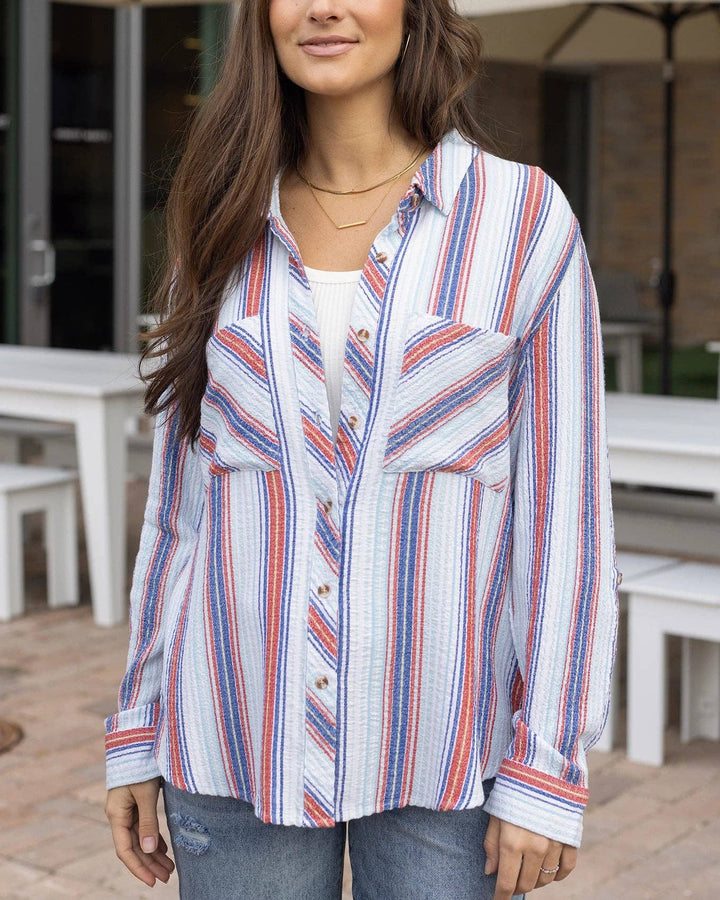 Grace and Lace Favorite Button Up Top in Red-Blue Striped