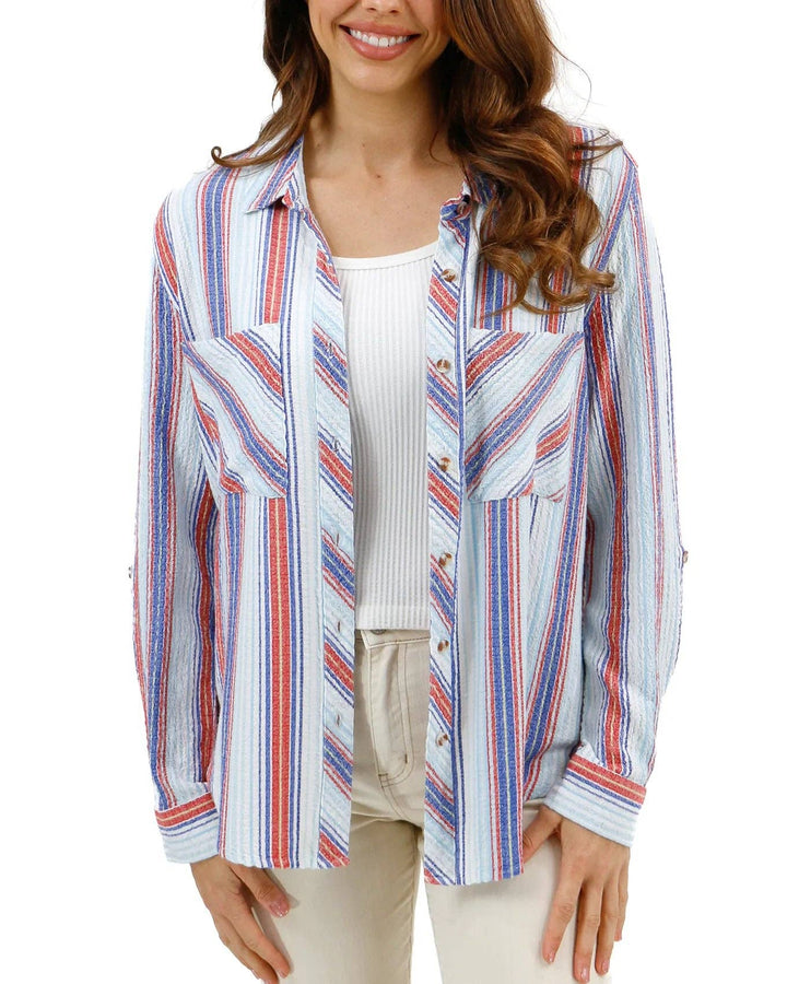 Grace and Lace Favorite Button Up Top in Red-Blue Striped