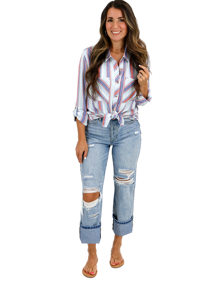 Grace and Lace Favorite Button Up Top in Red-Blue Striped