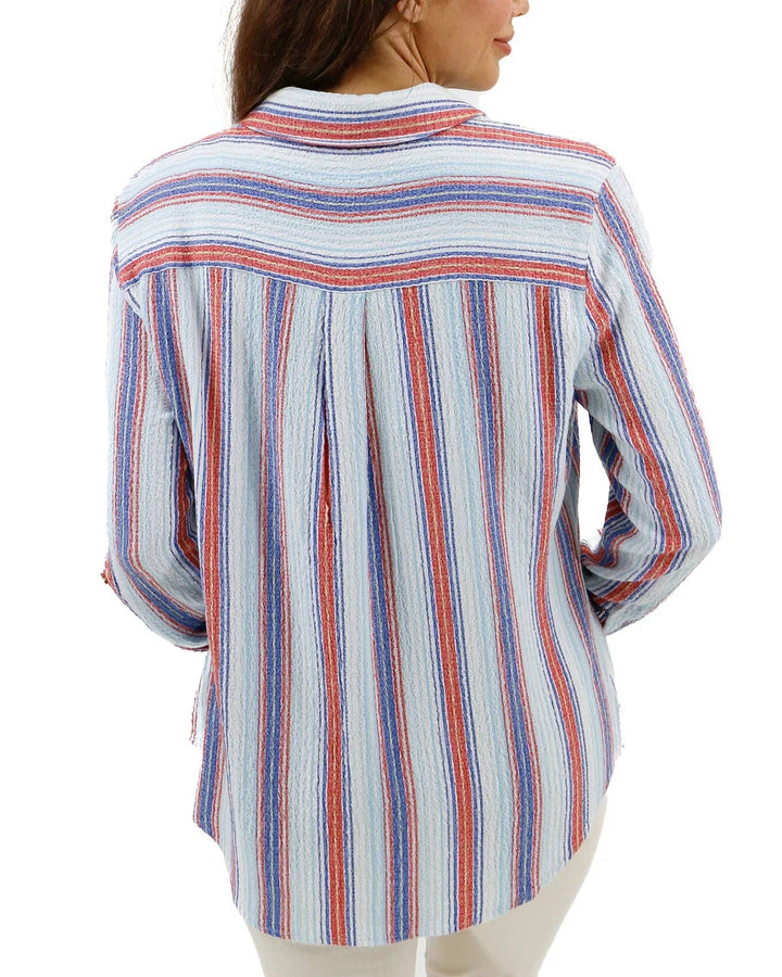 Grace and Lace Favorite Button Up Top in Red-Blue Striped