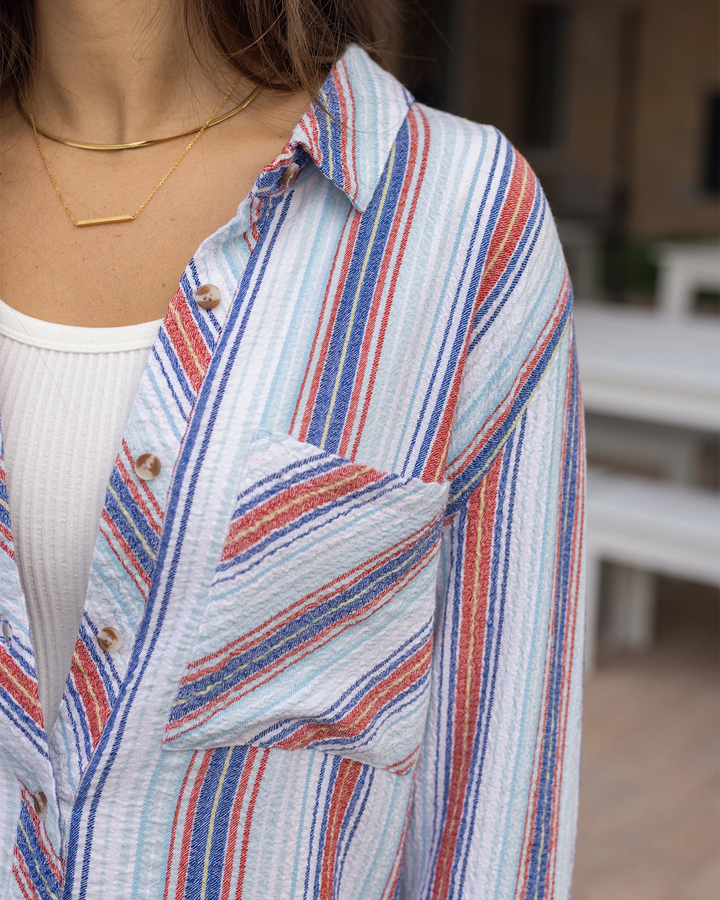 Grace and Lace Favorite Button Up Top in Red-Blue Striped