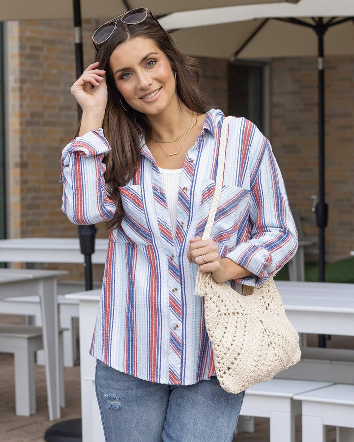 Grace and Lace Favorite Button Up Top in Red-Blue Striped