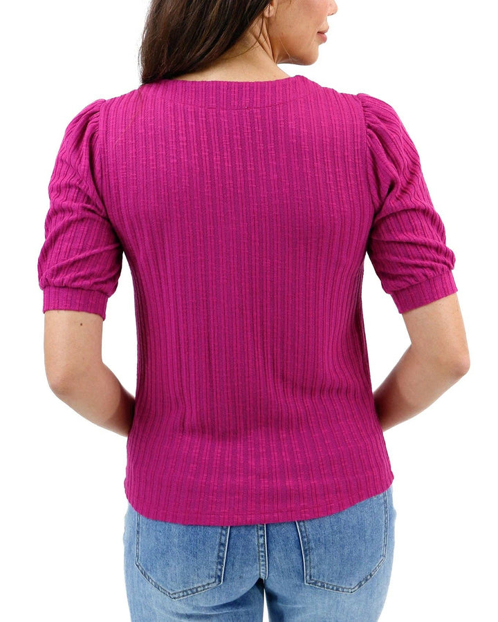 Grace and Lace Puff Sleeve Button Up Top in Wild Berry