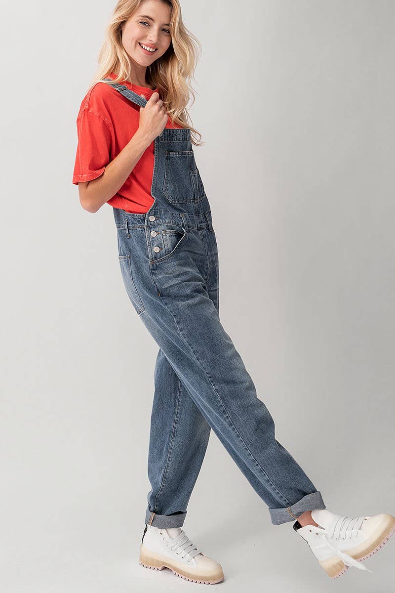 Relaxed Fit Denim Overalls Mid Wash