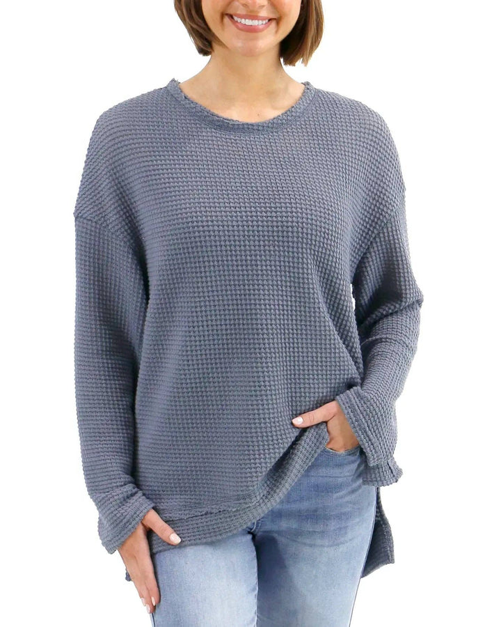 Slouchy Waffle Pullover in Grey