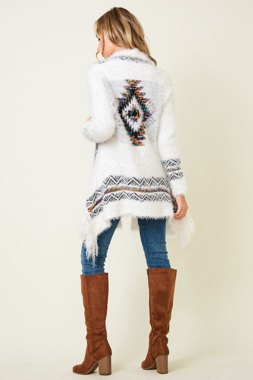 Aztec Print Long Sleeve Cardigan In Ivory