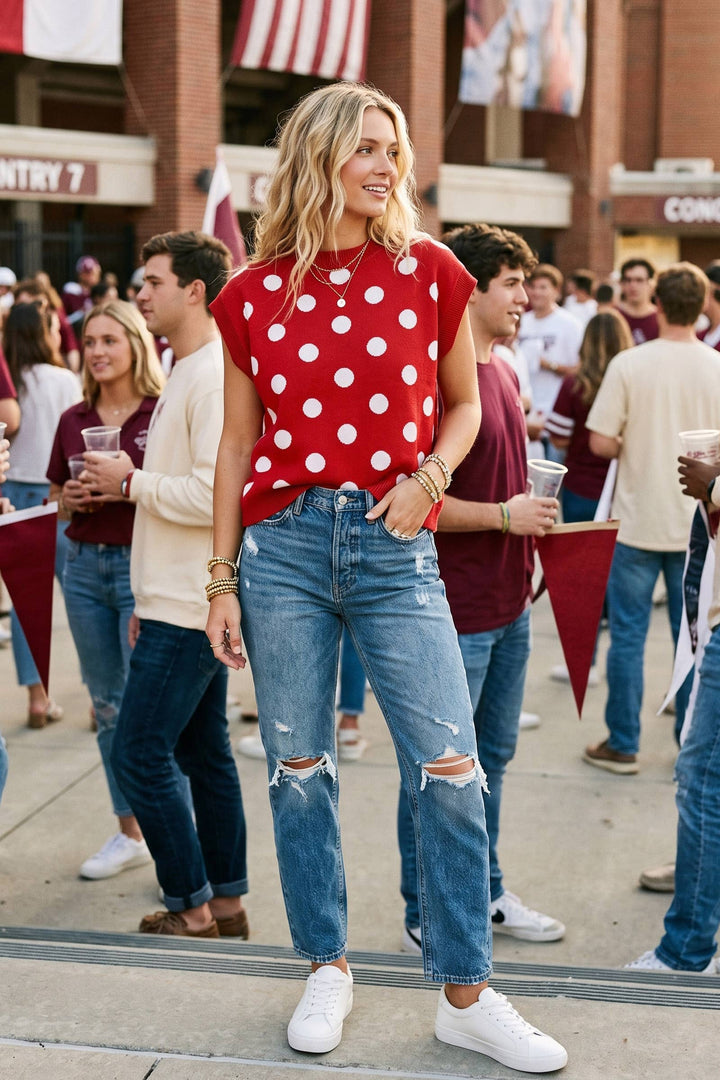 Gameday Polka Dot Sleeveless Knit Top - Red/White