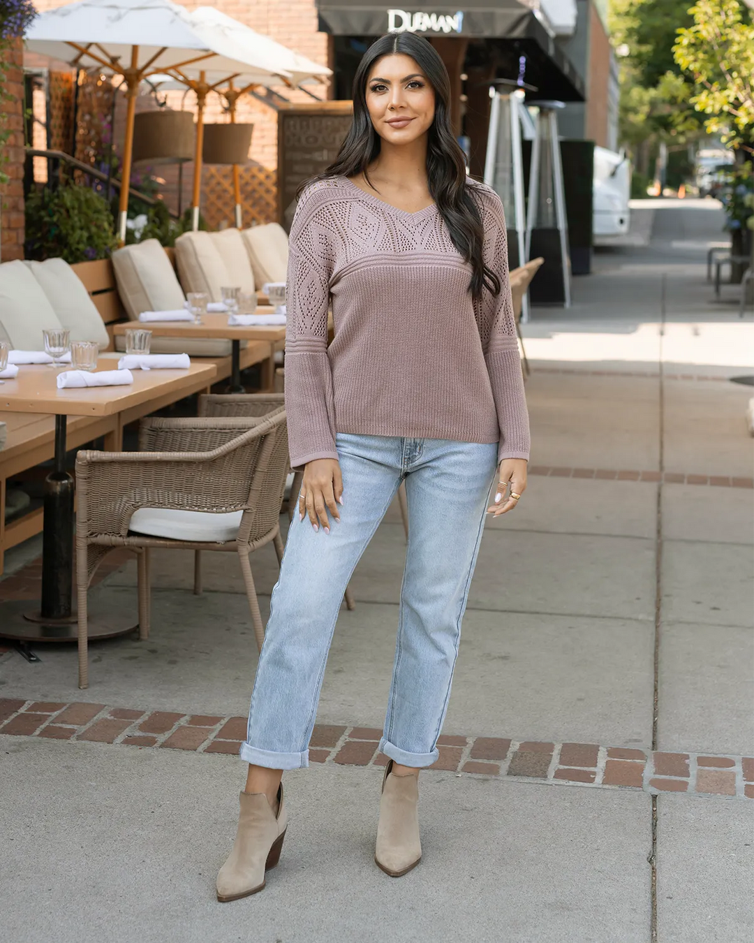 Pointelle V-Neck Sweater in Fawn