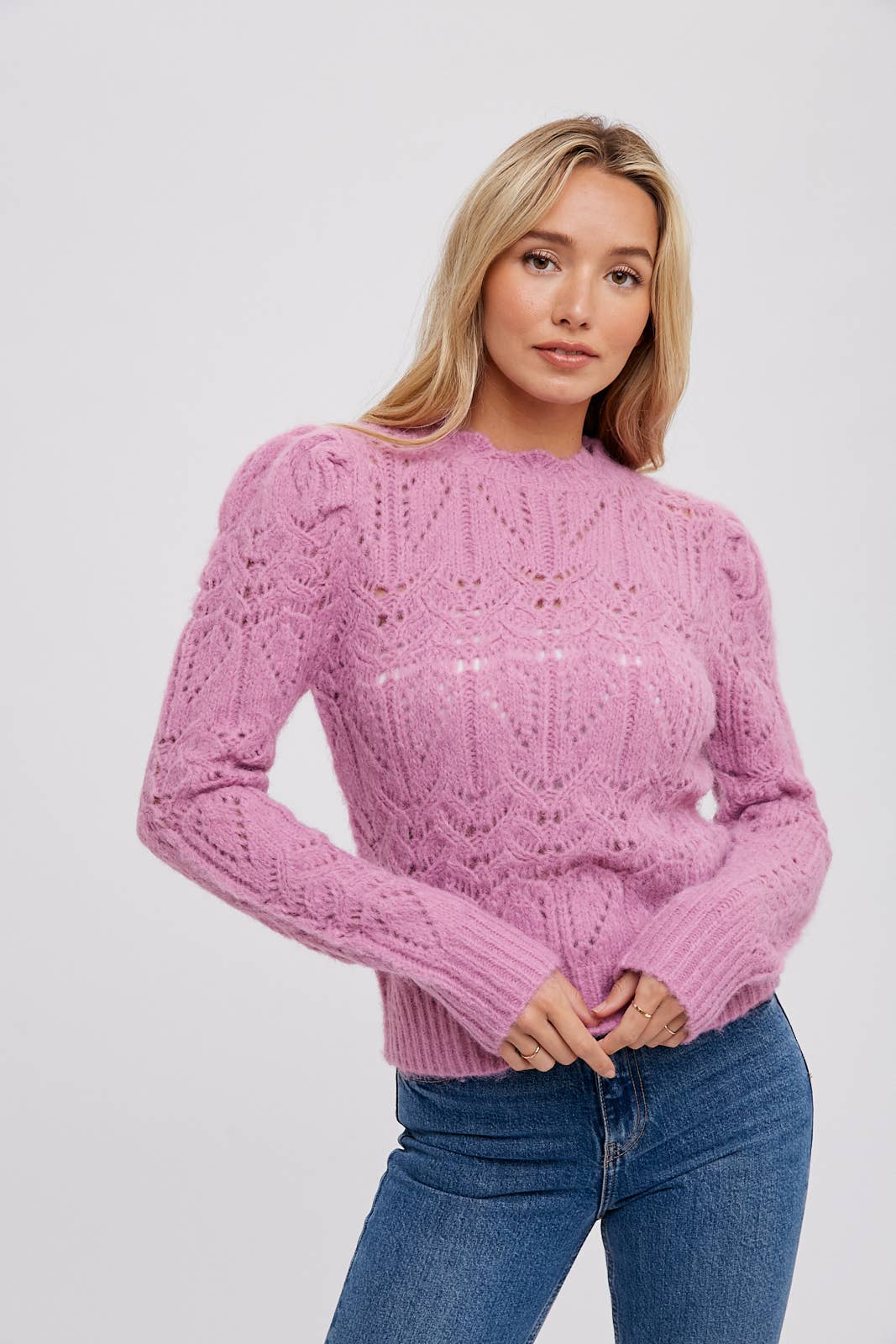 PUFF SLEEVE POINTELLE PULLOVER - Rose