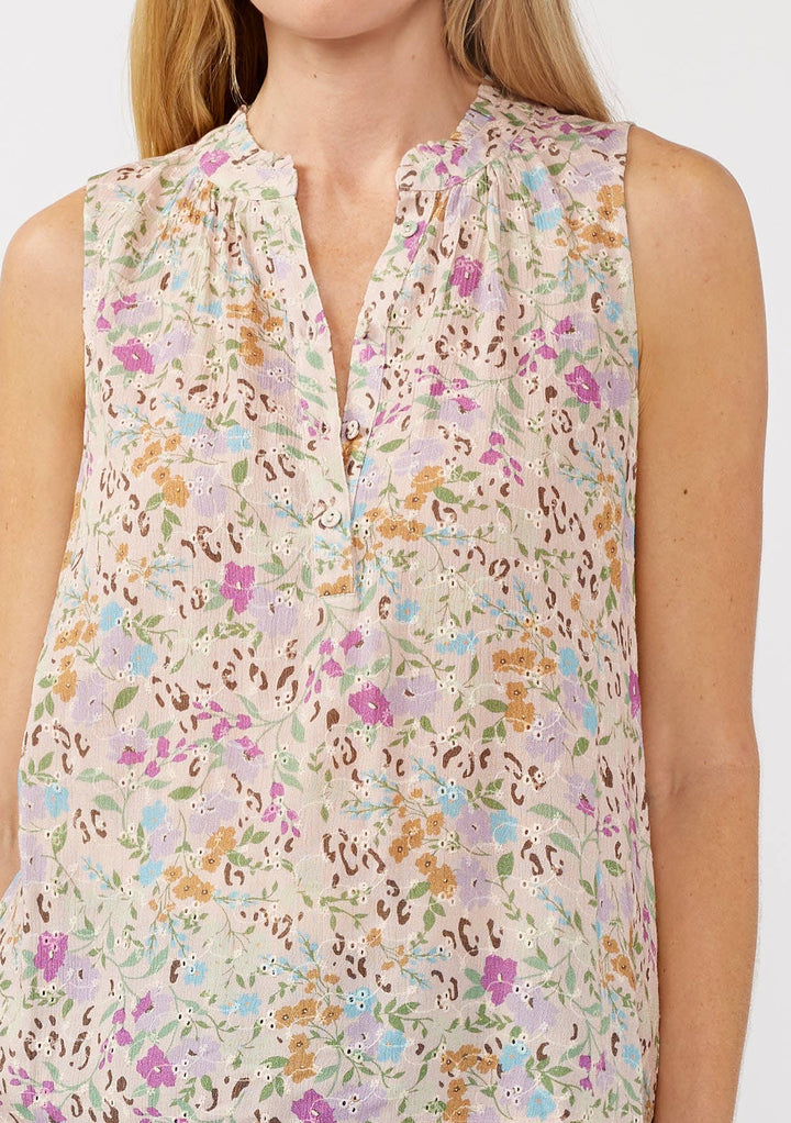 Floral Rayon Eyelet Button-Front Tank