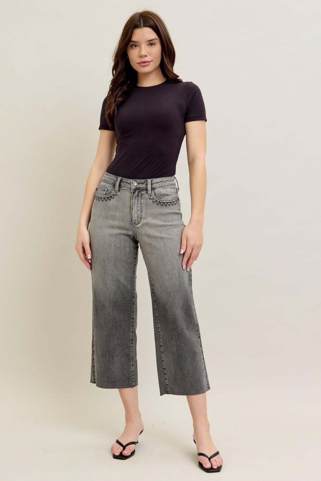 Judy Blue High Waist Vintage Grey Wash & Front Pocket Embroidery Crop Wide Jean