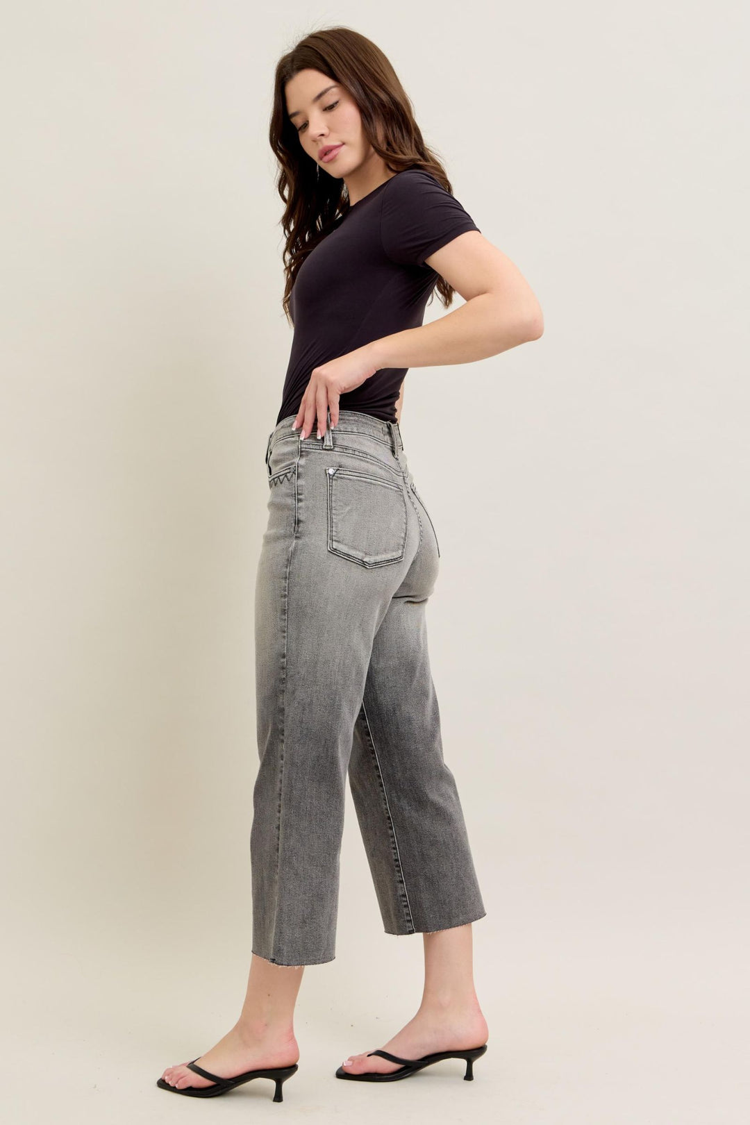 Judy Blue High Waist Vintage Grey Wash & Front Pocket Embroidery Crop Wide Jean