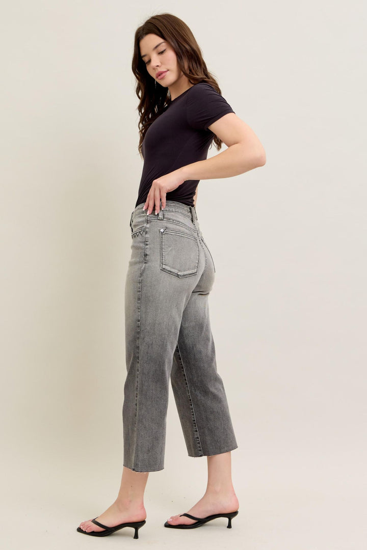 Judy Blue High Waist Vintage Grey Wash & Front Pocket Embroidery Crop Wide Jean
