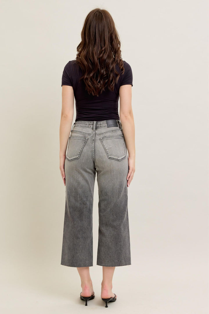 Judy Blue High Waist Vintage Grey Wash & Front Pocket Embroidery Crop Wide Jean