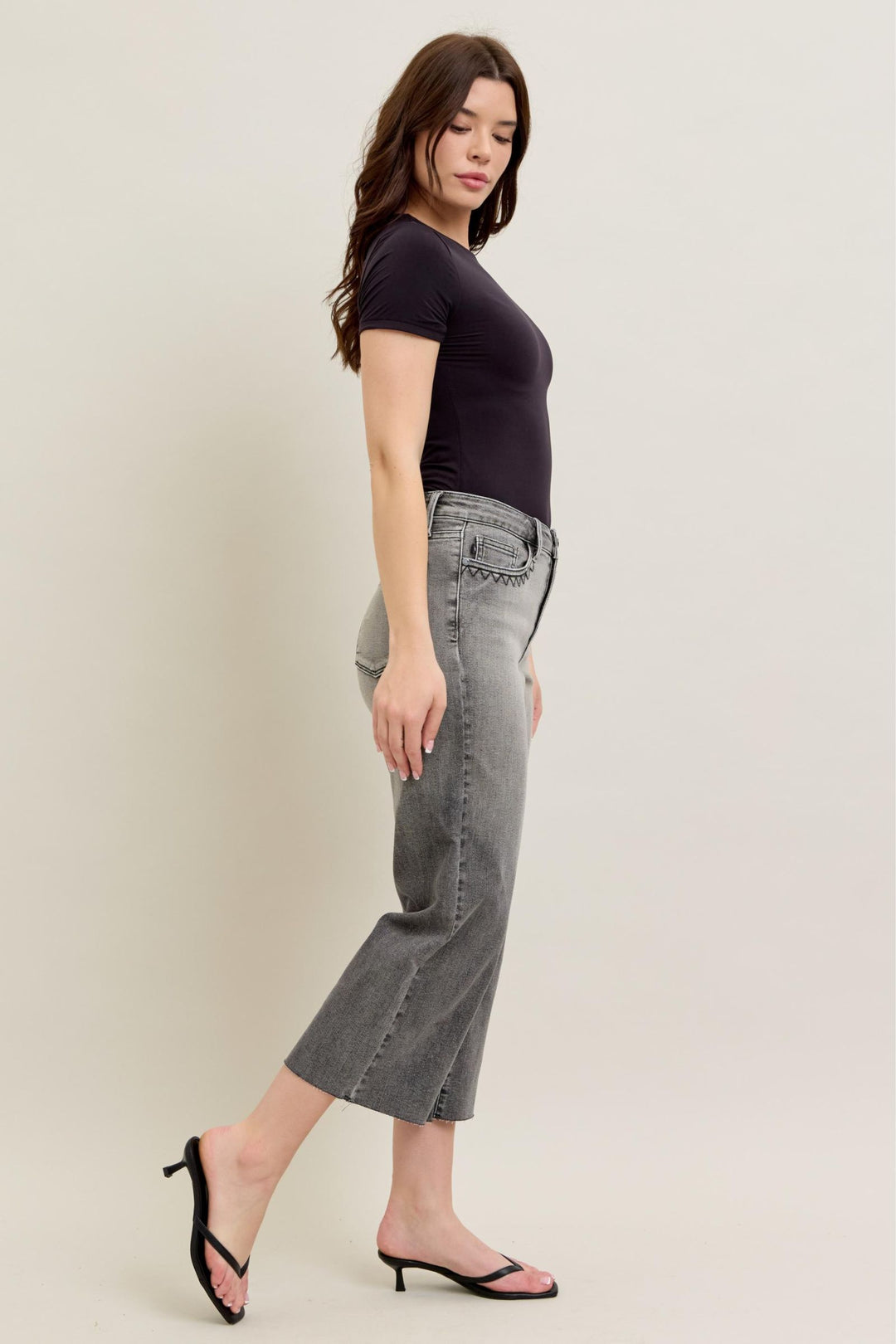 Judy Blue High Waist Vintage Grey Wash & Front Pocket Embroidery Crop Wide Jean