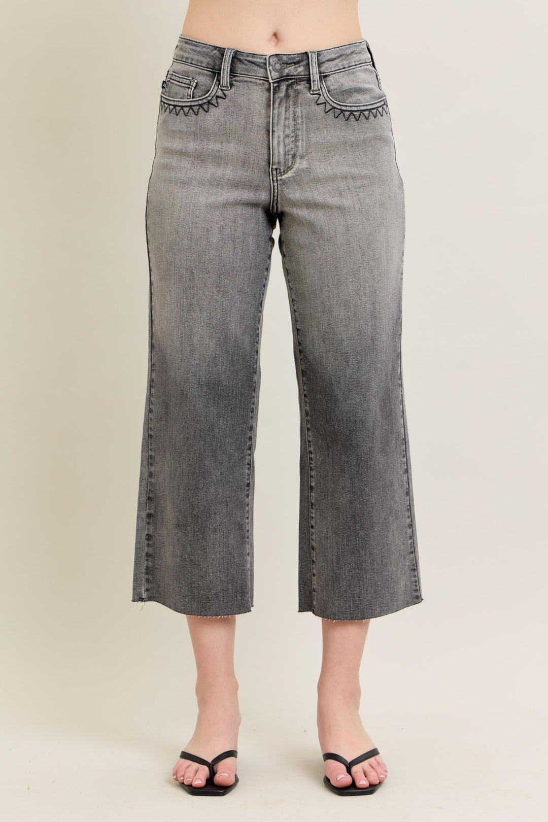 Judy Blue High Waist Vintage Grey Wash & Front Pocket Embroidery Crop Wide Jean