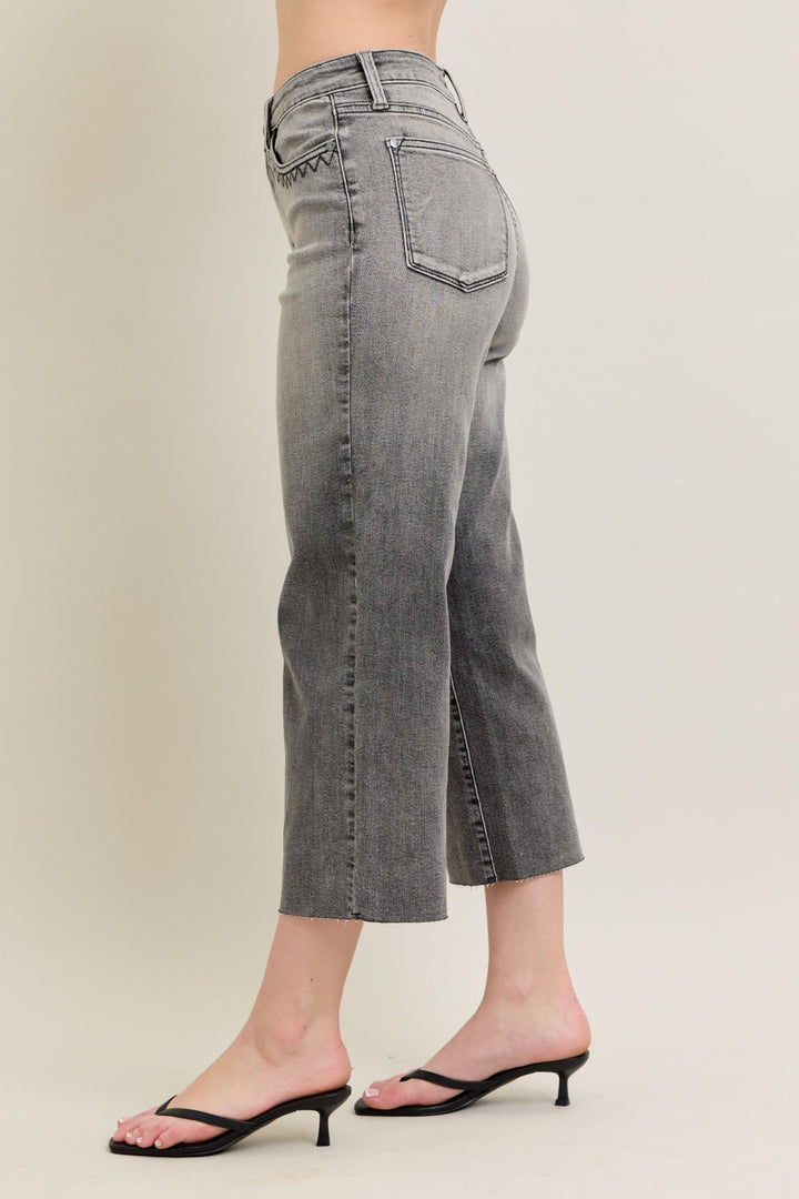 Judy Blue High Waist Vintage Grey Wash & Front Pocket Embroidery Crop Wide Jean