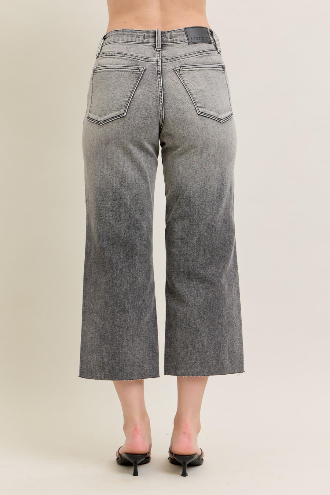 Judy Blue High Waist Vintage Grey Wash & Front Pocket Embroidery Crop Wide Jean