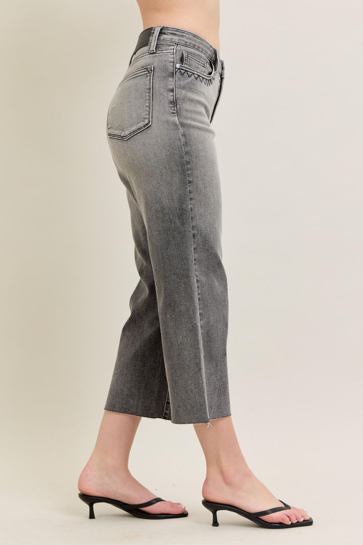 Judy Blue High Waist Vintage Grey Wash & Front Pocket Embroidery Crop Wide Jean
