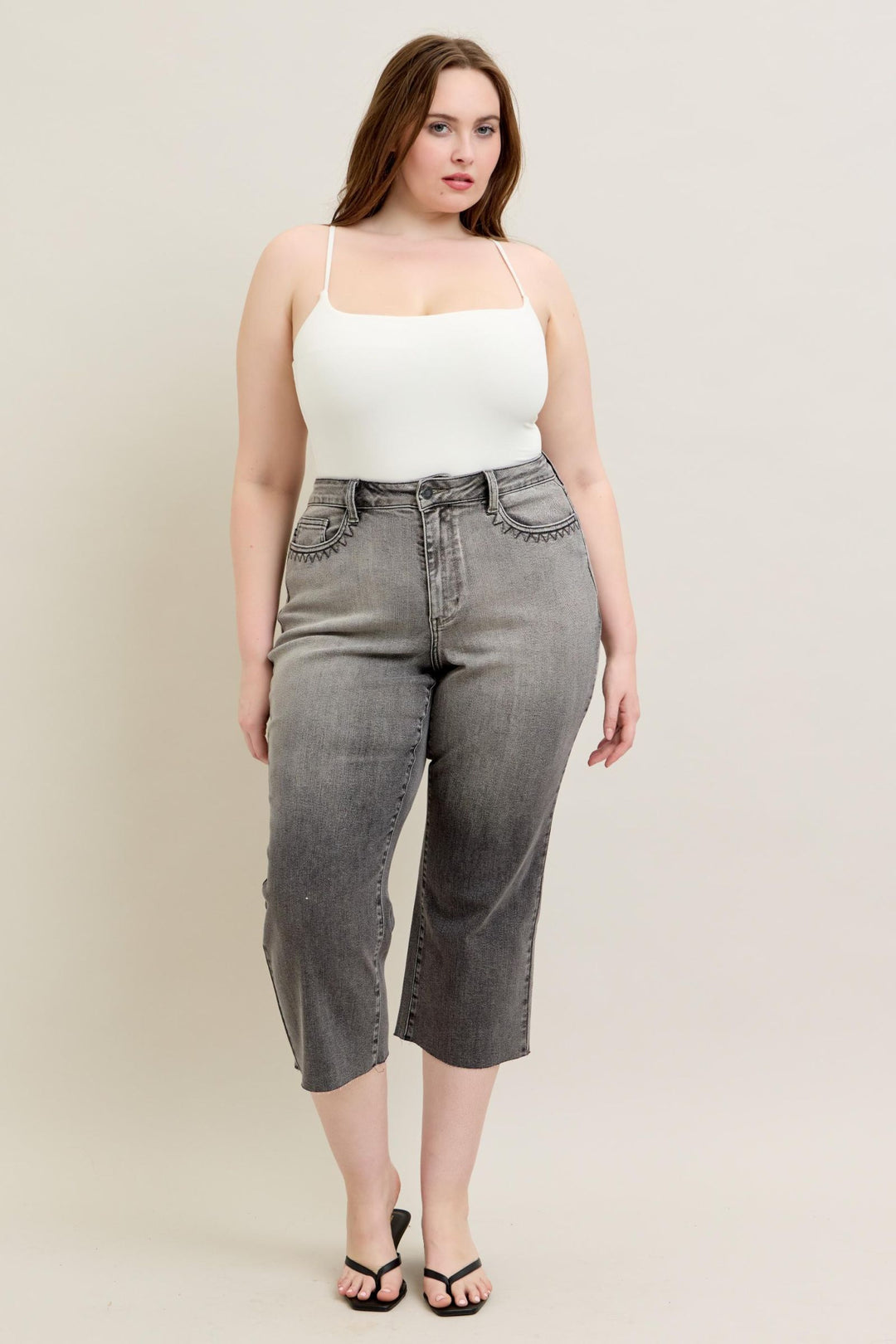 Judy Blue High Waist Vintage Grey Wash & Front Pocket Embroidery Crop Wide Jean - Plus Size
