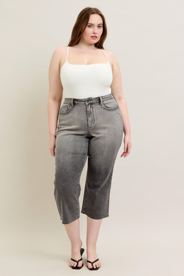 Judy Blue High Waist Vintage Grey Wash & Front Pocket Embroidery Crop Wide Jean - Plus Size