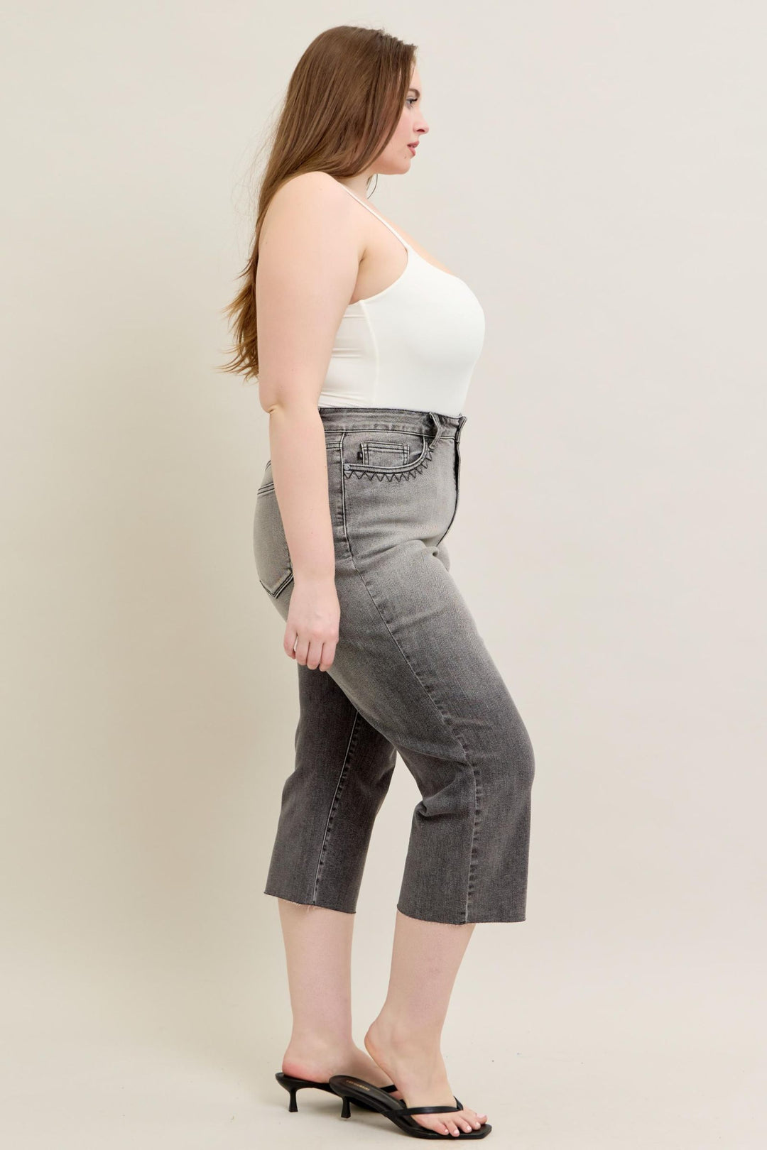 Judy Blue High Waist Vintage Grey Wash & Front Pocket Embroidery Crop Wide Jean - Plus Size