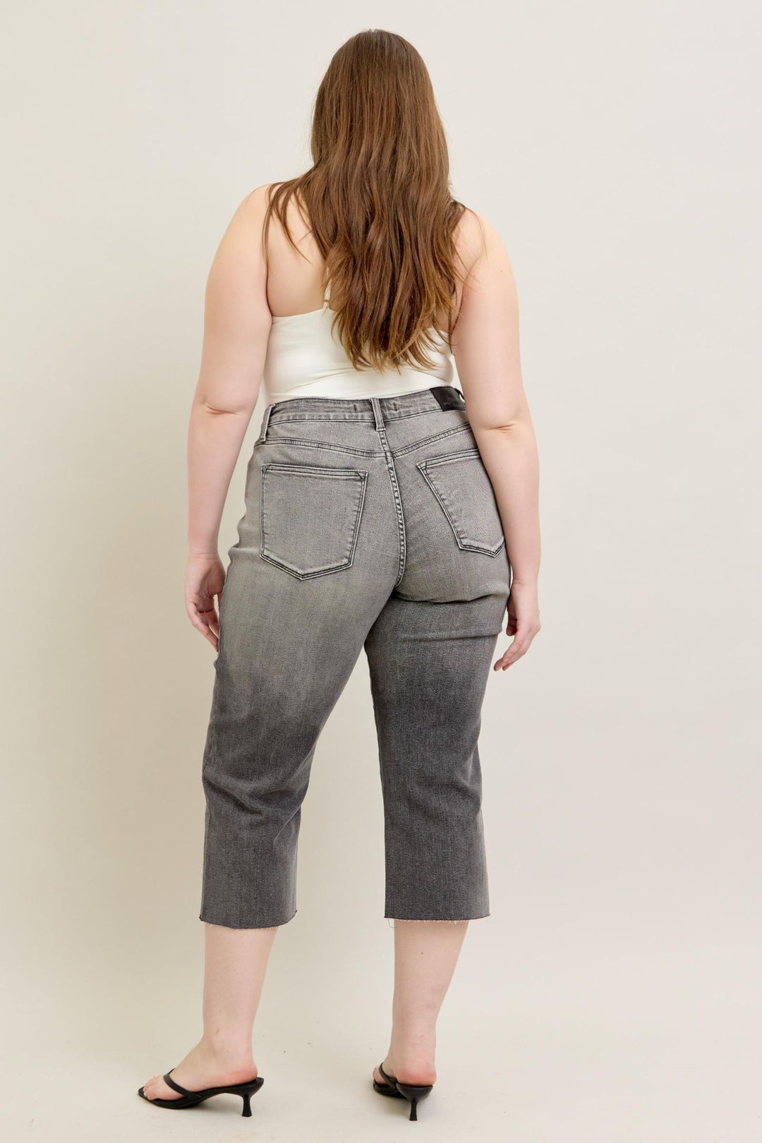 Judy Blue High Waist Vintage Grey Wash & Front Pocket Embroidery Crop Wide Jean - Plus Size