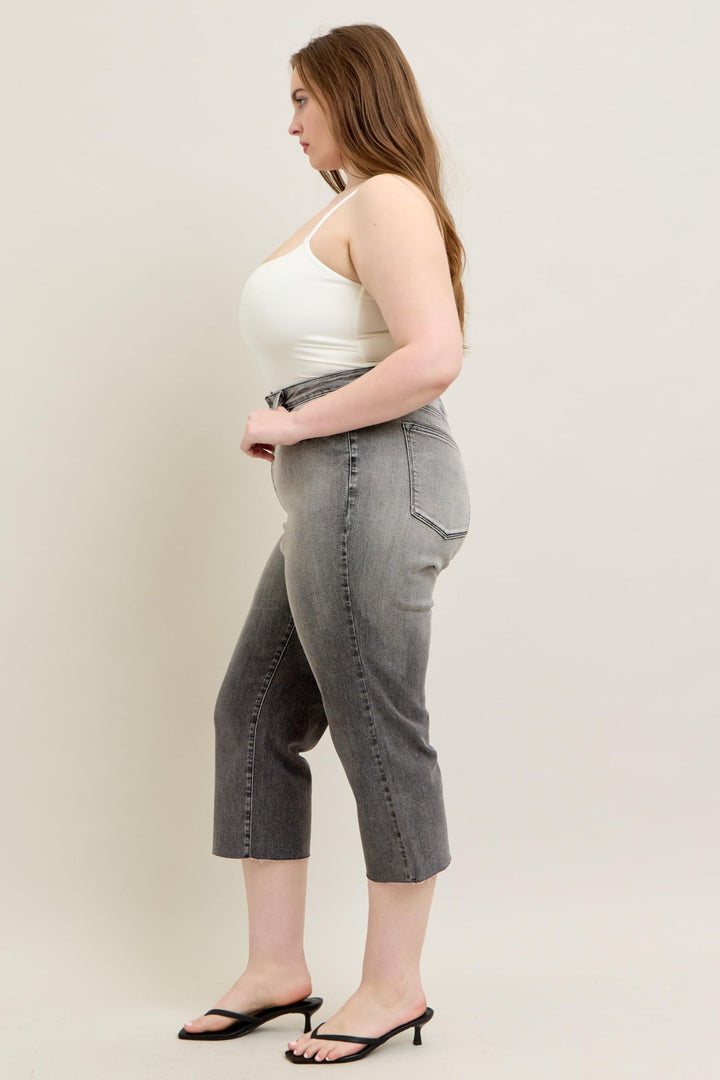 Judy Blue High Waist Vintage Grey Wash & Front Pocket Embroidery Crop Wide Jean - Plus Size