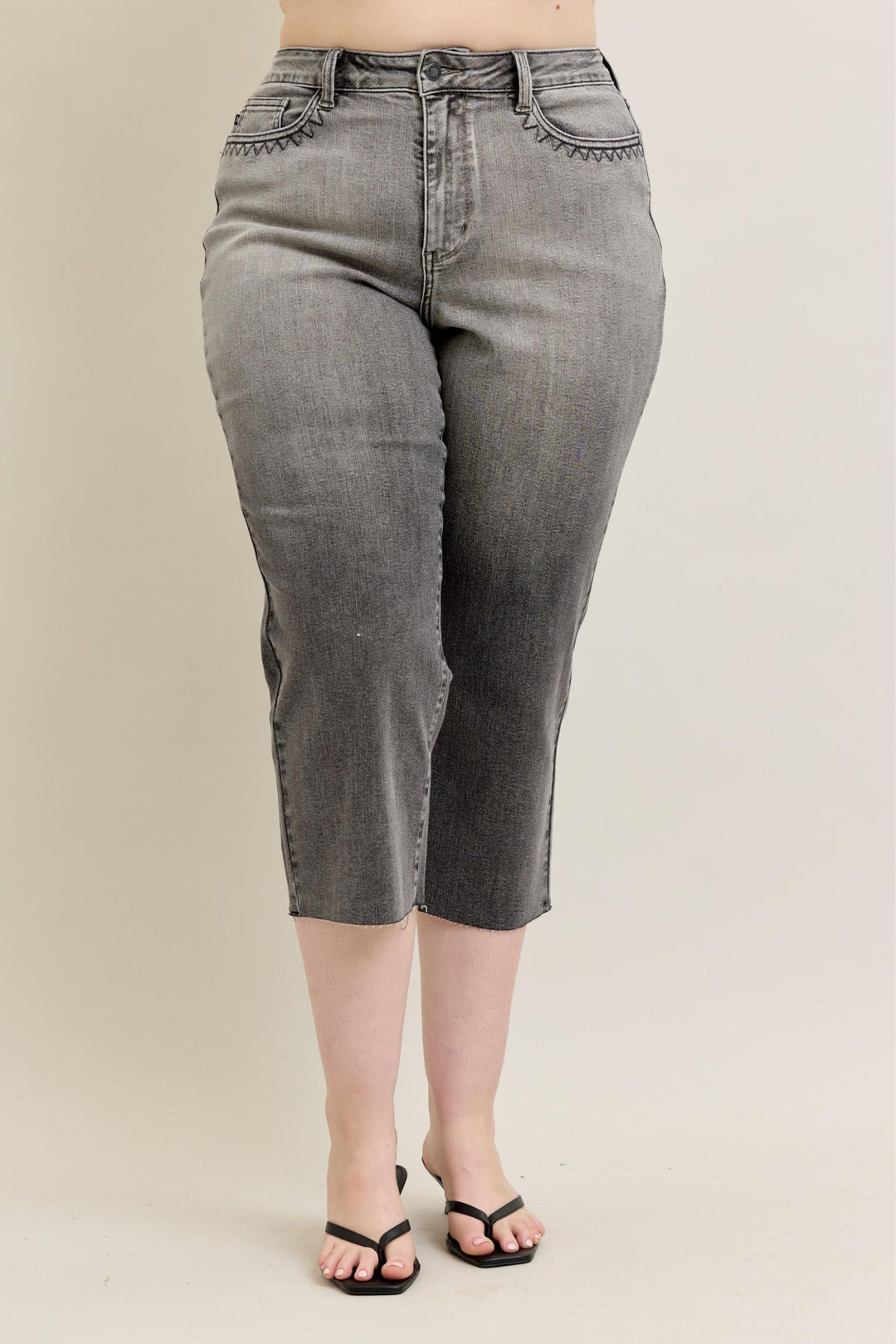 Judy Blue High Waist Vintage Grey Wash & Front Pocket Embroidery Crop Wide Jean - Plus Size