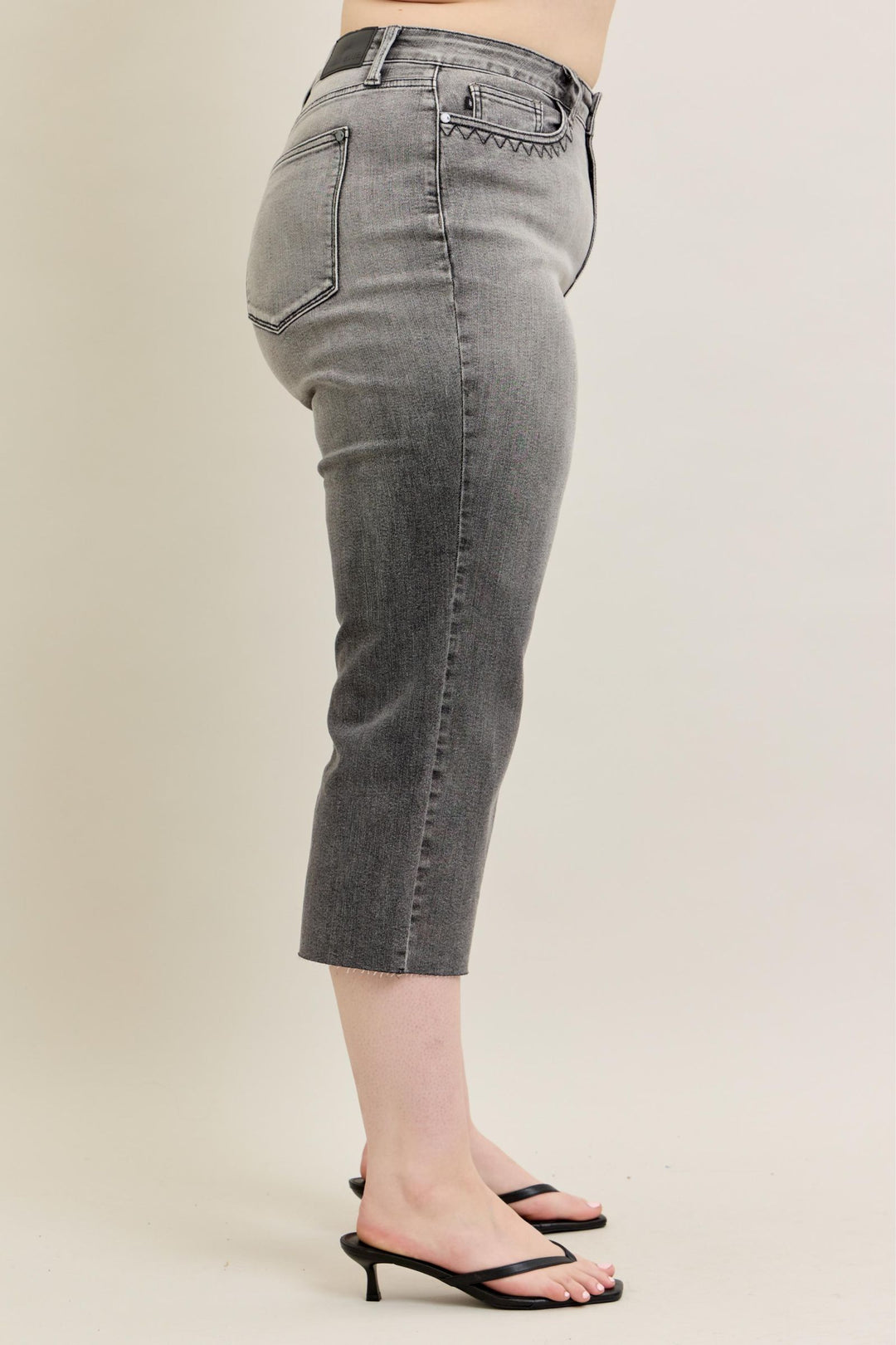 Judy Blue High Waist Vintage Grey Wash & Front Pocket Embroidery Crop Wide Jean - Plus Size