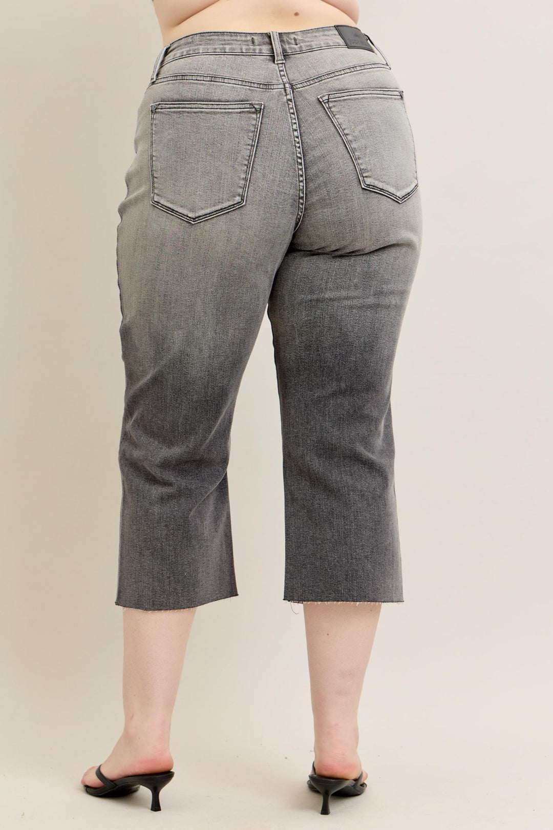 Judy Blue High Waist Vintage Grey Wash & Front Pocket Embroidery Crop Wide Jean - Plus Size