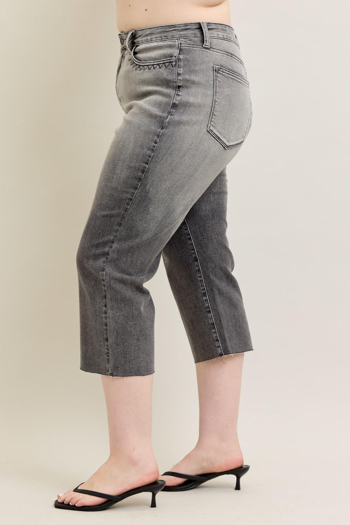 Judy Blue High Waist Vintage Grey Wash & Front Pocket Embroidery Crop Wide Jean - Plus Size