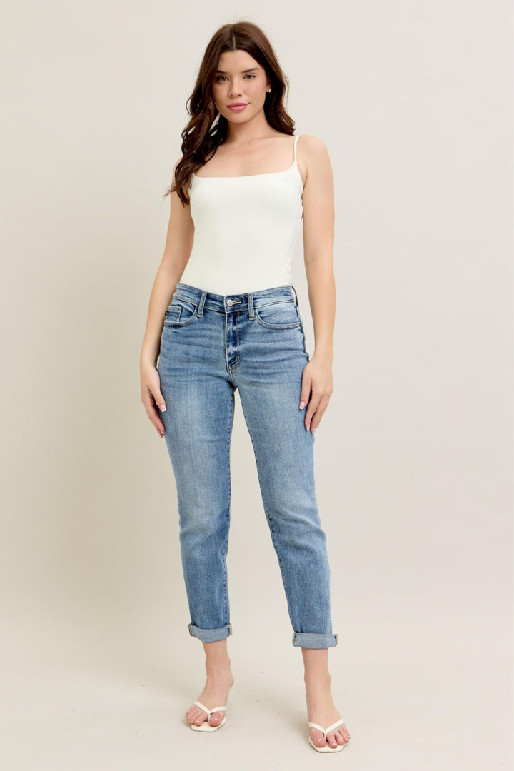 Judy Blue Mid-Rise Bleach Wash Cuffed Boyfriend Denim