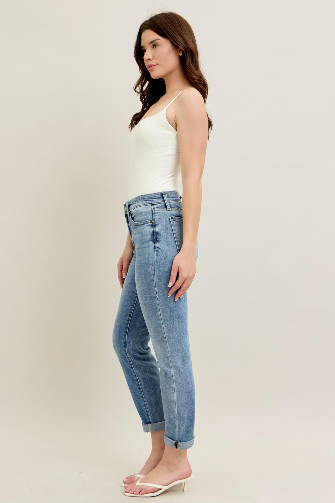 Judy Blue Mid-Rise Bleach Wash Cuffed Boyfriend Denim