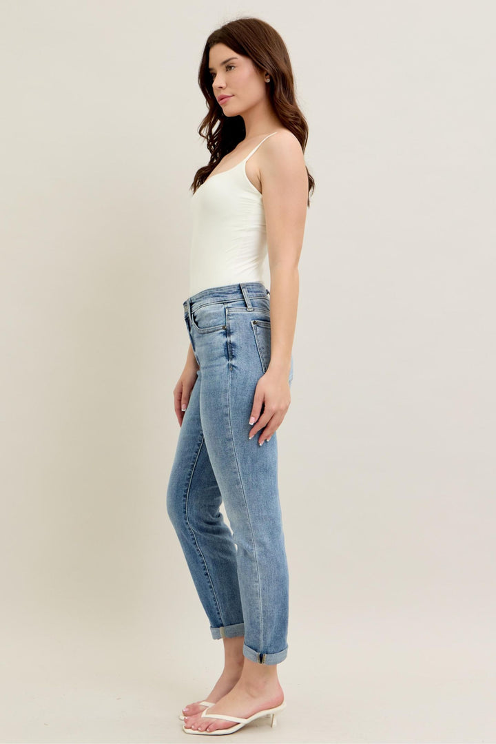 Judy Blue Mid-Rise Bleach Wash Cuffed Boyfriend Denim