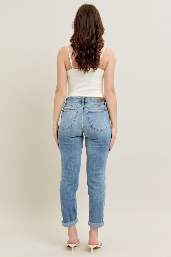 Judy Blue Mid-Rise Bleach Wash Cuffed Boyfriend Denim