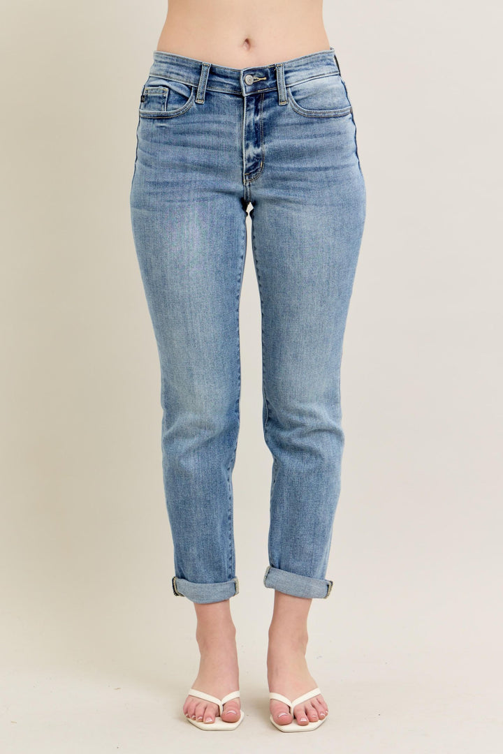 Judy Blue Mid-Rise Bleach Wash Cuffed Boyfriend Denim