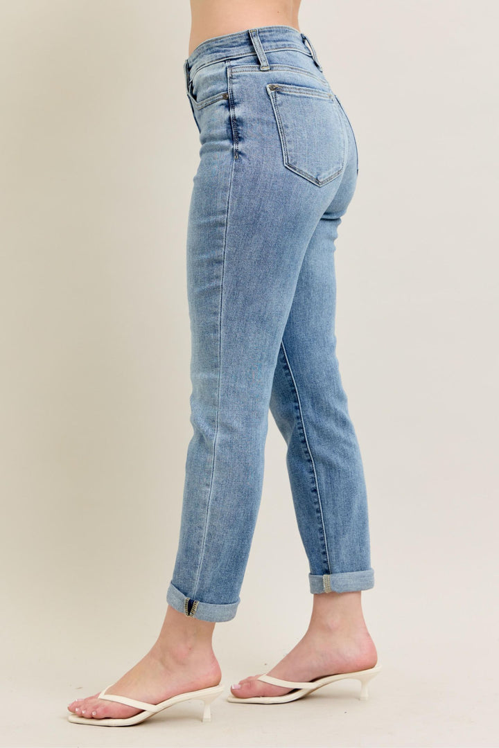 Judy Blue Mid-Rise Bleach Wash Cuffed Boyfriend Denim