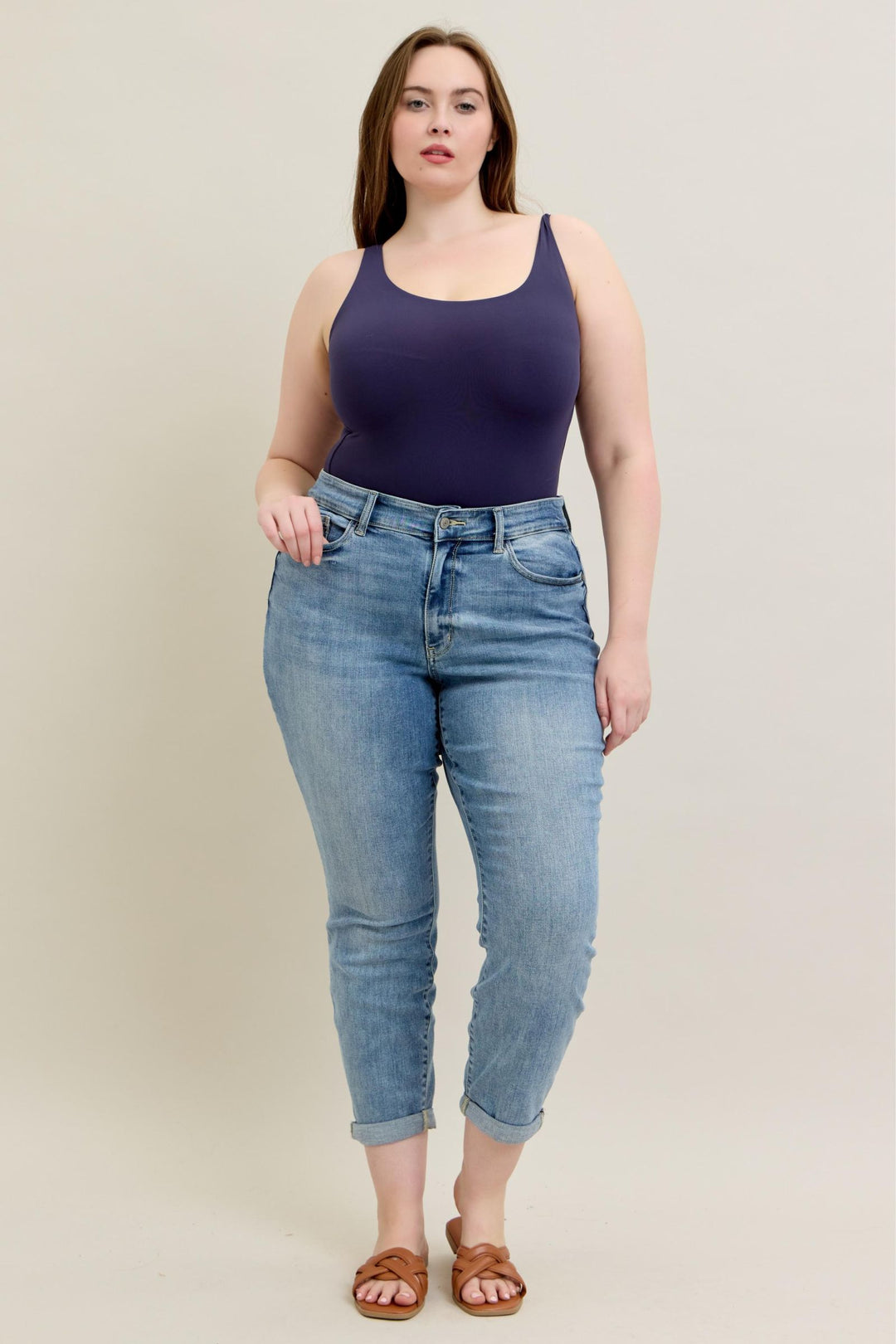 Judy Blue Mid Rise Bleach Wash Cuffed Boyfriend Denim - Plus Size