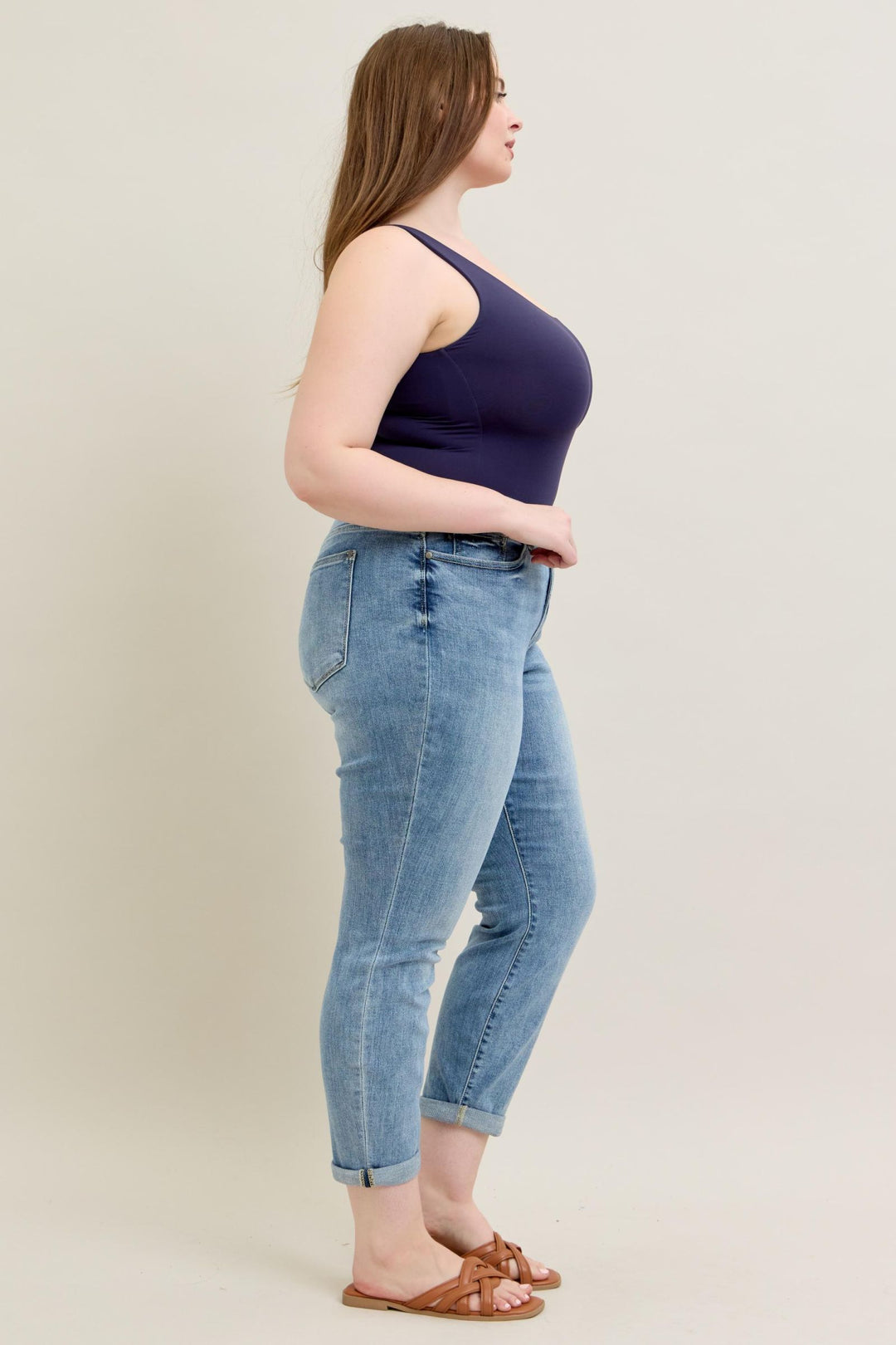 Judy Blue Mid Rise Bleach Wash Cuffed Boyfriend Denim - Plus Size