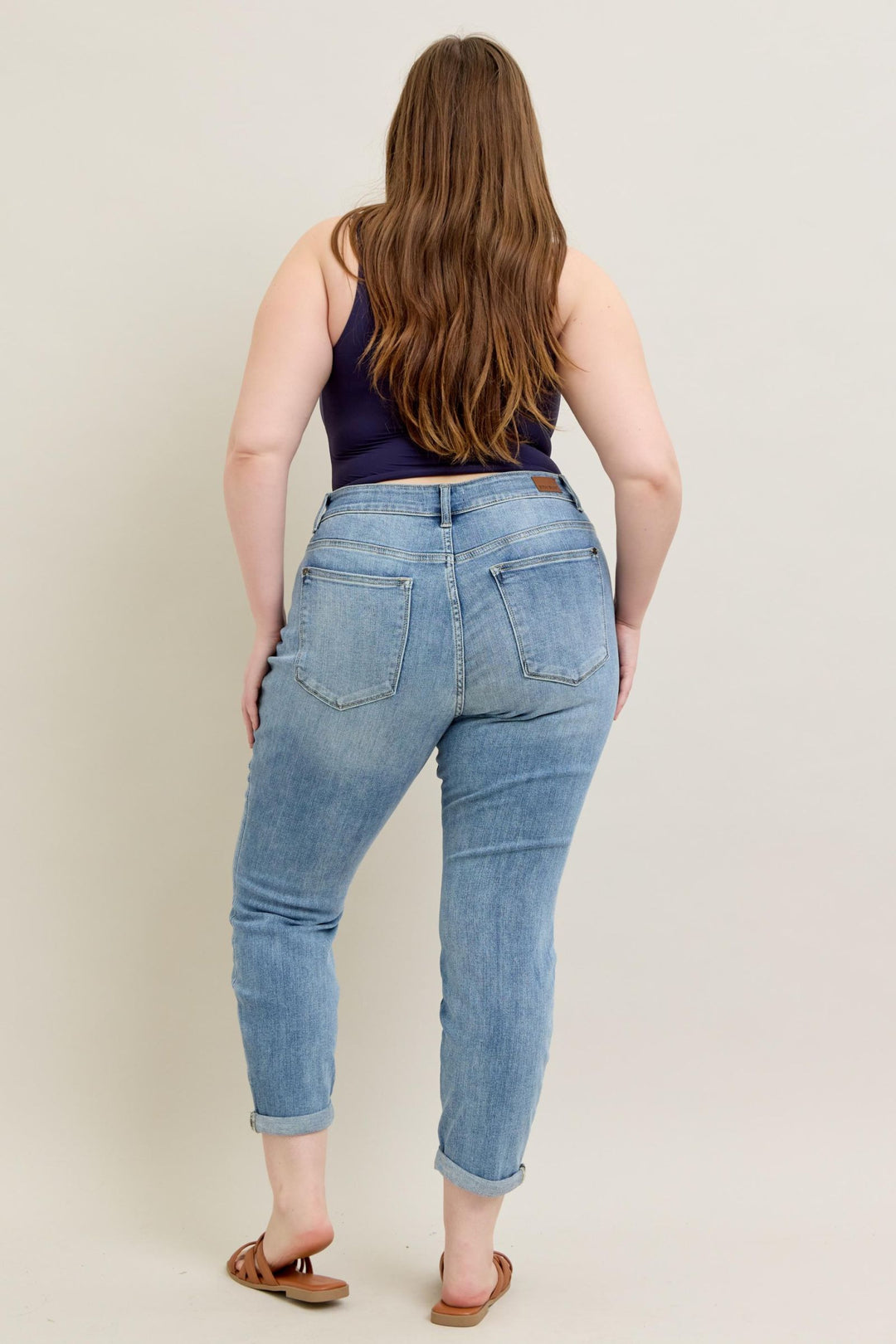 Judy Blue Mid Rise Bleach Wash Cuffed Boyfriend Denim - Plus Size