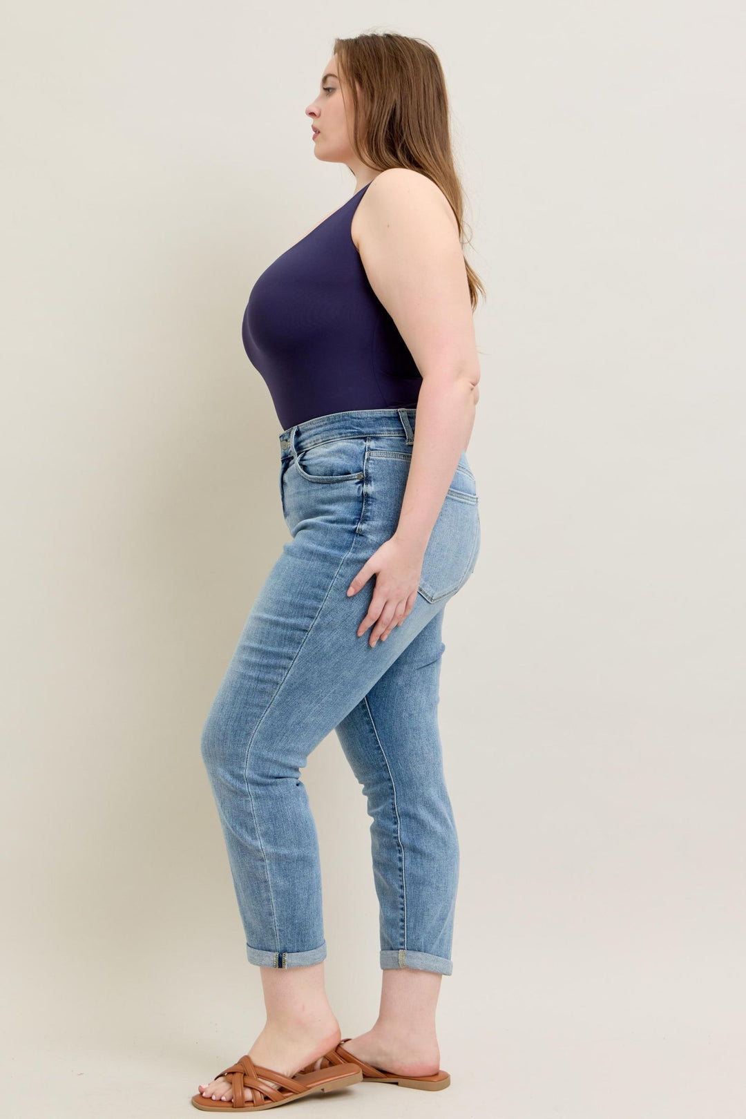 Judy Blue Mid Rise Bleach Wash Cuffed Boyfriend Denim - Plus Size