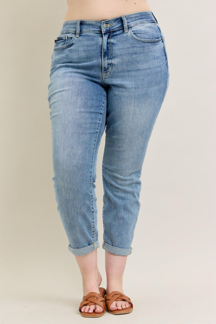Judy Blue Mid Rise Bleach Wash Cuffed Boyfriend Denim - Plus Size