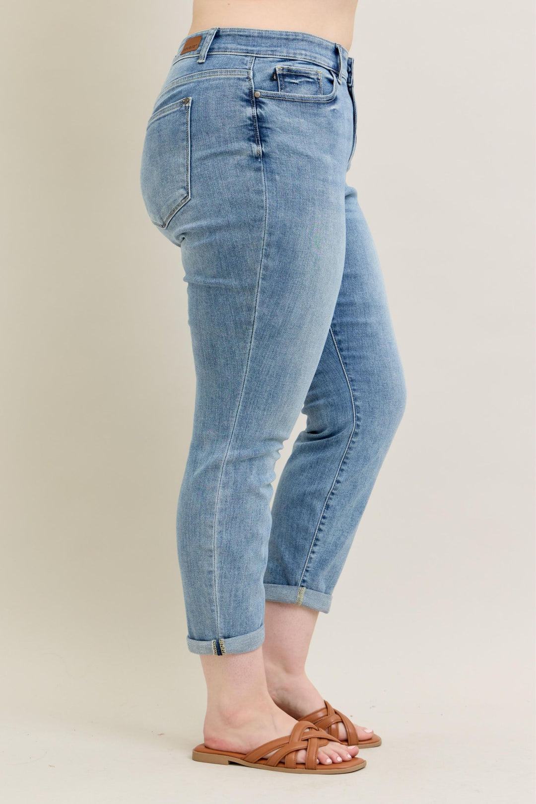Judy Blue Mid Rise Bleach Wash Cuffed Boyfriend Denim - Plus Size